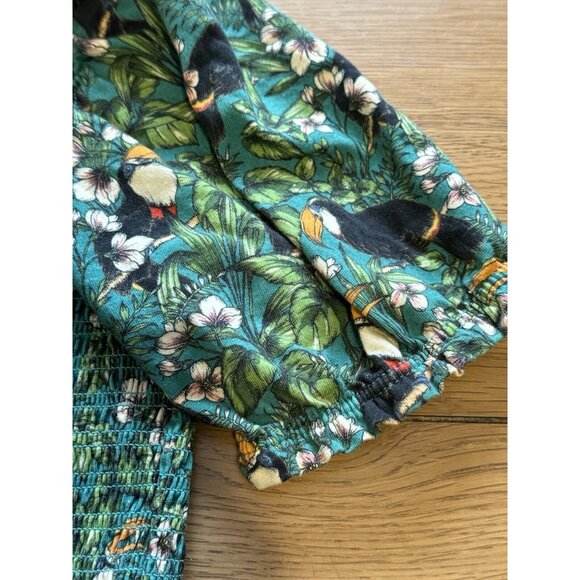 Dolan Anthropologie Left Coast Green Smocked Top Sm‎ Puff Sleeve Tropical Toucan - Picture 9 of 11